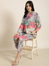 Women Oversized Grey Printed Shirt & Trousers Set-DW-5091-Grey