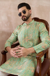 Green Silk Blend Printed Mandarin Collar Straight Kurta With Trouser MKSET2113