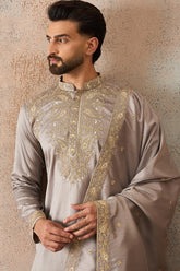 Grey Silk Blend Embroidered Ethnic Kurta with Trousers & Dupatta MKPD1044