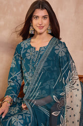 Blue Cotton Blend Floral Printed Straight Kurta Set VKSKD2425