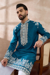 Blue Silk Blend Embroidered Mandarin Collar Straight Kurta MKU2017