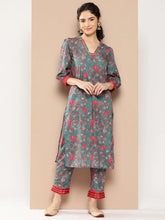 Green Floral Printed Gotta Patti Kurta with Trousers-AHKUPN-COMBO-660-ICH