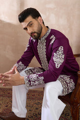 Purple Silk Blend Embroidered Mandarin Collar Straight Kurta With Trouser MKSET2018