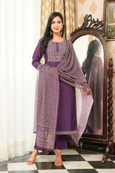 Purple Cotton Blend Ajrakh Printed Straight Kurta Trousers With Dupatta PKSKD3067