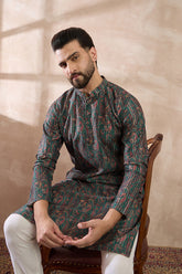 Green Silk Blend Printed Mandarin Collar Straight Kurta MKU2050