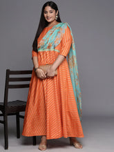 Orange Gold & Green Plus Size Maxi Ethnic Dress-AP-AHKUCRFP-872
