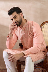 Peach Silk Blend Embroidered Mandarin Collar Straight Kurta MKU2045