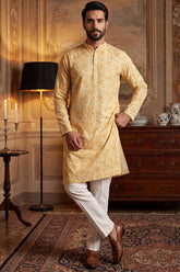 Yellow Cotton Blend Chevron Embroidered Kurta With Trouser MKSET2066
