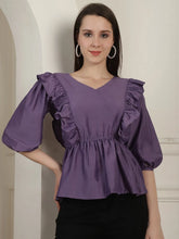 Purple Solid Women's Top With Frills-JNT-2024Purple