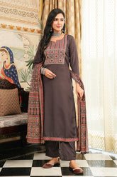 Grey Cotton Blend Ajrakh Printed Straight Kurta Trousers With Dupatta PKSKD3065