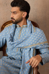 Blue Jacquard Woven Design Floral Straight Kurta with Dupatta MKUD1019