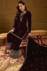 Purple Velvet Solid Embroidered Straight Palazzo Suit Set PKSKD2273