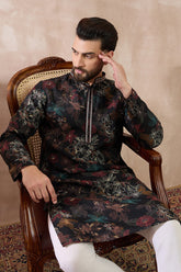Black Silk Blend Printed Mandarin Collar Straight Kurta MKU1956