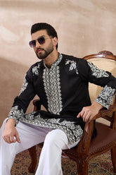 Black Silk Blend Embroidered Mandarin Collar Straight Kurta MKU2019