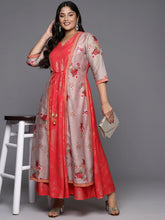 Red and Tan Floral Printed Plus Size A-Line Maxi Dress-AP-AHEDCRFP-213