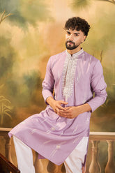 Lavender Silk Blend Solid Embroidered Straight Kurta with Trouser MKSET1489