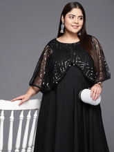 Black Geometric Print Plus Size A-line Maxi Ethnic Dress-AP-AHKUNTFL-842