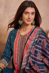 Blue Viscose Rayon Embroidered Kurta Trouser With Dupatta HPKSKD2800