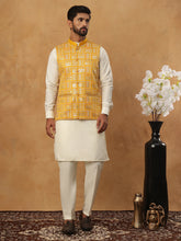 Embroidered Nehru Jacket Set with Solid Kurta Pyjama (65KPWC 592W 4150 Mustard )