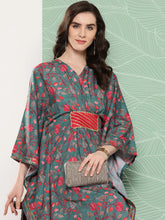 Green & Pink Floral Printed Gotta Patti Kaftan Kurta-AHKFCRDP-6068-ICH