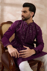 Purple Silk Blend Embroidered Mandarin Collar Straight Kurta MKU2078