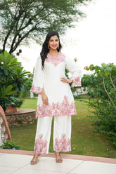 White Silk Blend Embroidered Straight Coord Sets HVCORD1135