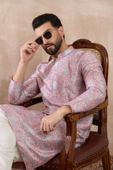 Lavender Silk Blend Printed Mandarin Collar Straight Kurta With Trouser MKSET1985