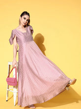 Rose Gold Chanderi Cold-Shoulders Printed Maxi Ethnic Dress-AHEDCHGP-138