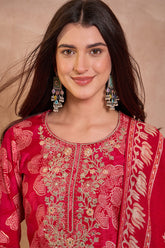 Pink Poly Silk Floral Printed Straight Kurta Trouser With Dupatta VKSKD3208