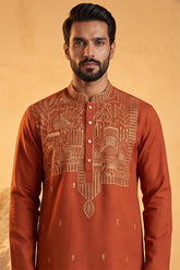 Orange Silk Blend Solid Emboidered Straight Kurta MKU2372