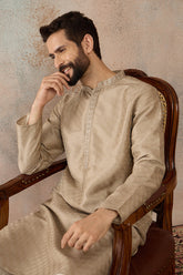 Beige Silk Blend Embroidered Solid Straight Kurta with Trousers MKSET2326