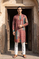 Brown Silk Blend Printed Straight Kurta With Trousers MKSET2177