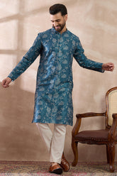 Blue Silk Blend Printed Mandarin Collar Straight Kurta MKU1998