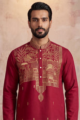 Red Silk Blend Solid Emboidered Straight Kurta With Trouser MKSET2375
