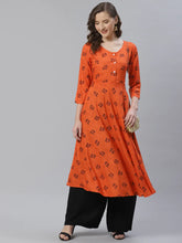 Women Orange & Black Floral Printed A-Line Kurta ( JOK 1357 Orange )-JOK-1357