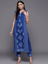 Blue Floral Printed Pure Cotton Kurta with Trousers-AHKUPN-COMBO-522