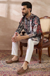 Black Silk Blend Printed Mandarin Collar Straight Kurta With Trouser MKSET1977