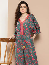 Green & Pink Printed Jumpsuit with Lace Inserts-AHJSCRDP-45-ICH