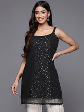 Black Silver Foil Printed Shoulder Straps Net Tunic-AHTUNTFP-8126