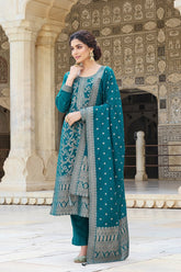 Teal Blue Poly Chanderi Solid Woven Design Straight Trouser Suit Set PKSKD2628