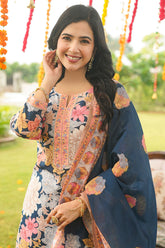 Blue Cotton Blend Floral Printed Straight Kurta Trousers With Dupatta VKSKD2415