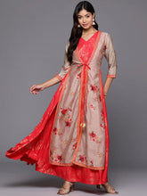 Red & Tan Floral Print Layered A-Line Maxi Dress-AHEDCRSM-213