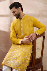 Yellow Silk Blend Embroidered Mandarin Collar Straight Kurta With Trouser MKSET2052