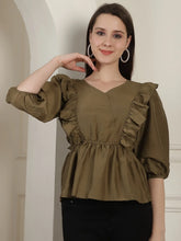 Brown Solid Women's Top With Frills-JNT-2024Brown