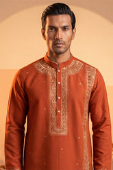 Orange Silk Blend Solid Emboidered Straight Kurta MKU2371