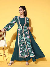 Green Floral Printed Layered Maxi Ethnic Dress with Waist Tie-Ups-AHEDCRDP-132