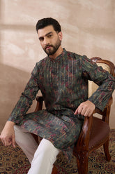 Black Silk Blend Printed Mandarin Collar Straight Kurta MKU2097