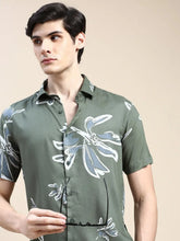 Men Green Floral Casual Shirt-GEORGE-1599-Olive