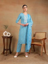 Women Blue Viscose Rayon Embroidered Straight Kurta Pant Set-VKSKD2183