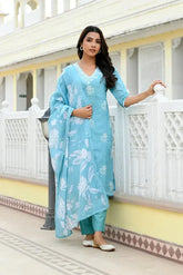 Women Blue Kota Doria Embroidered Solid Kurta Set With Solid Pants & Printed Dupatta-144-Vaas-Blue
